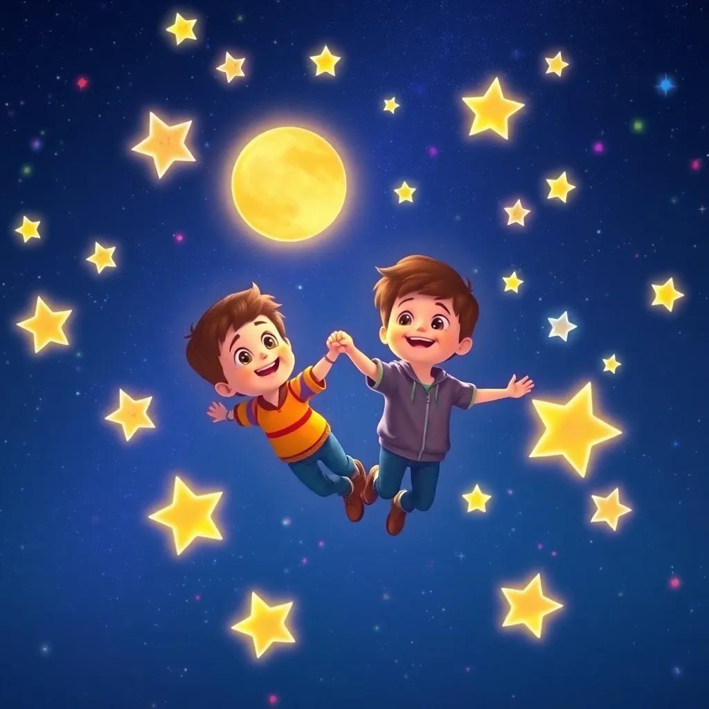 Lucas soaring through the night sky holding hands with Luna, surrounded by colorful singing stars, vibrant colors, joyful scene, child-friendly, high quality