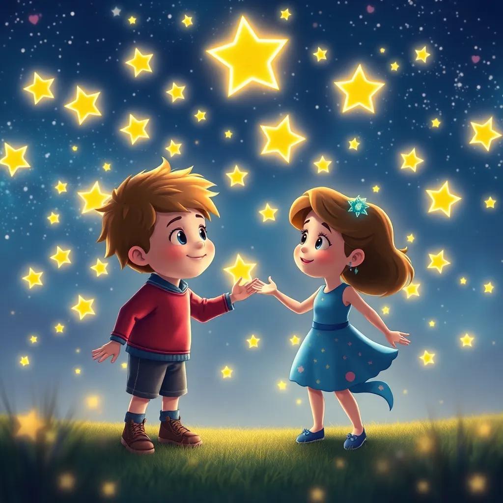 The stars dancing around Lucas and Luna, creating a bright melody in the sky, magical atmosphere with vivid colors, child-friendly, high quality
