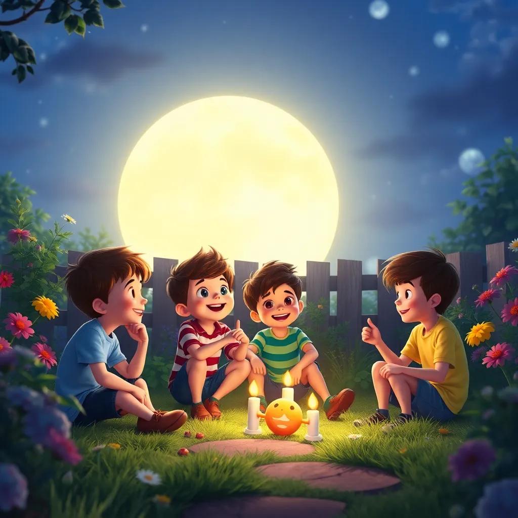 Lucas and his friends playing together in the garden under the moonlight, laughter filling the air, vibrant colors, heartwarming scene, high quality