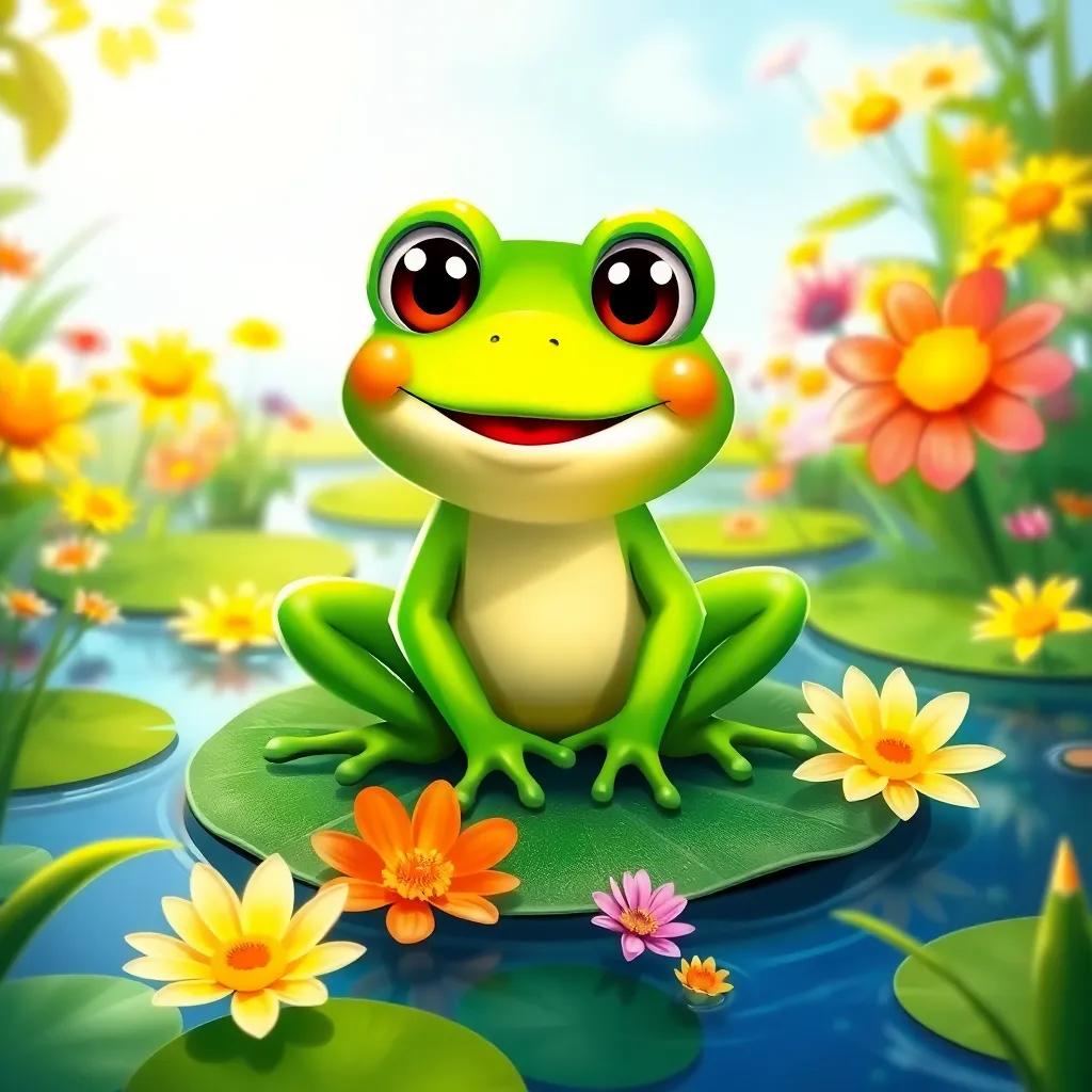 A cheerful little frog named Tito, with bright green skin and big eyes, sitting on a lilypad surrounded by vibrant flowers in a sunny pond, digital art, colorful, joyful atmosphere, high quality