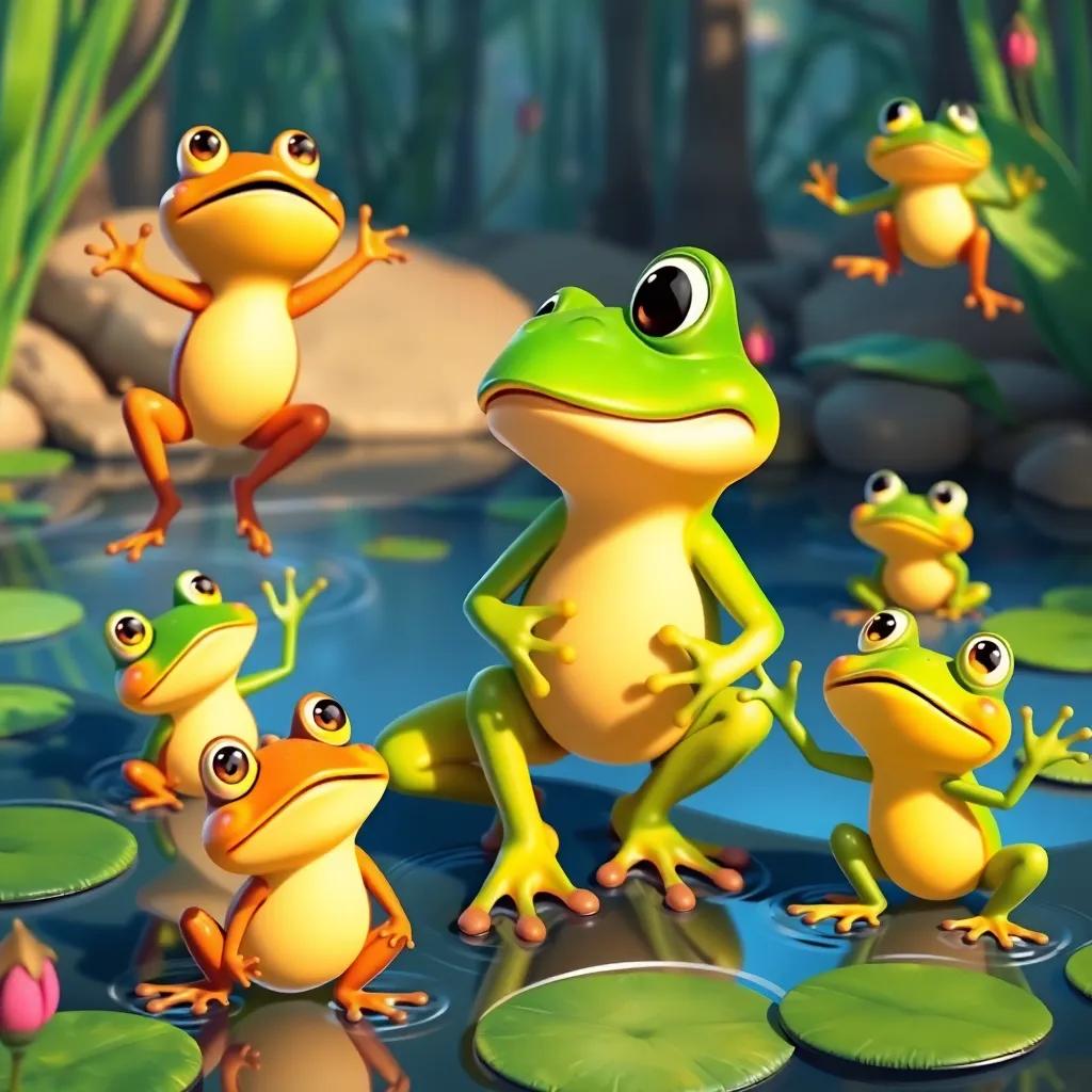 Tito the frog watching other frogs practice jumping with excitement, high energy, colorful pond environment, cartoon style, cheerful and engaging, high quality