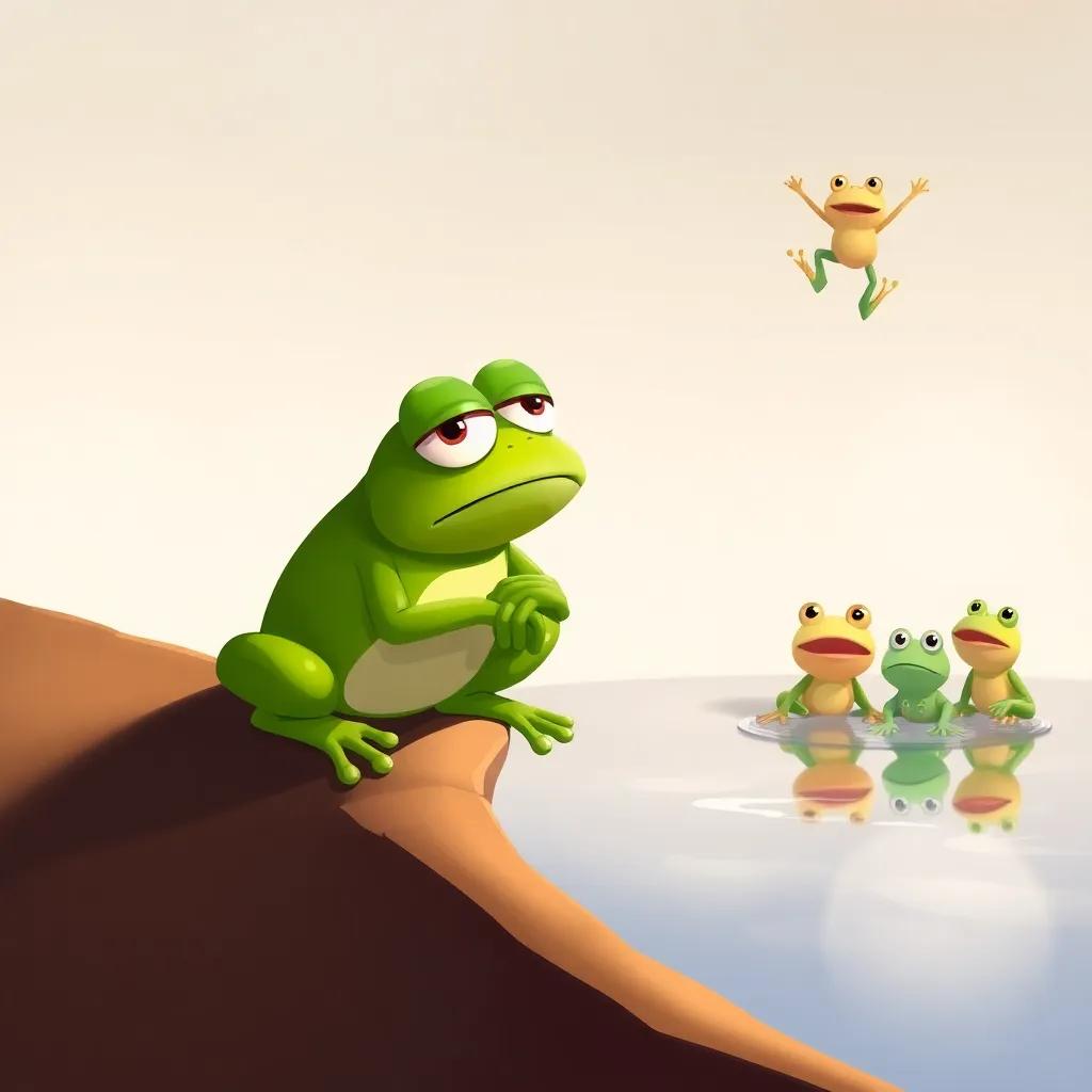 Tito the frog, feeling nervous, sitting on the edge of the pond with a worried expression, looking at a group of frogs jumping, digital art, warm colors, whimsical, friendly style