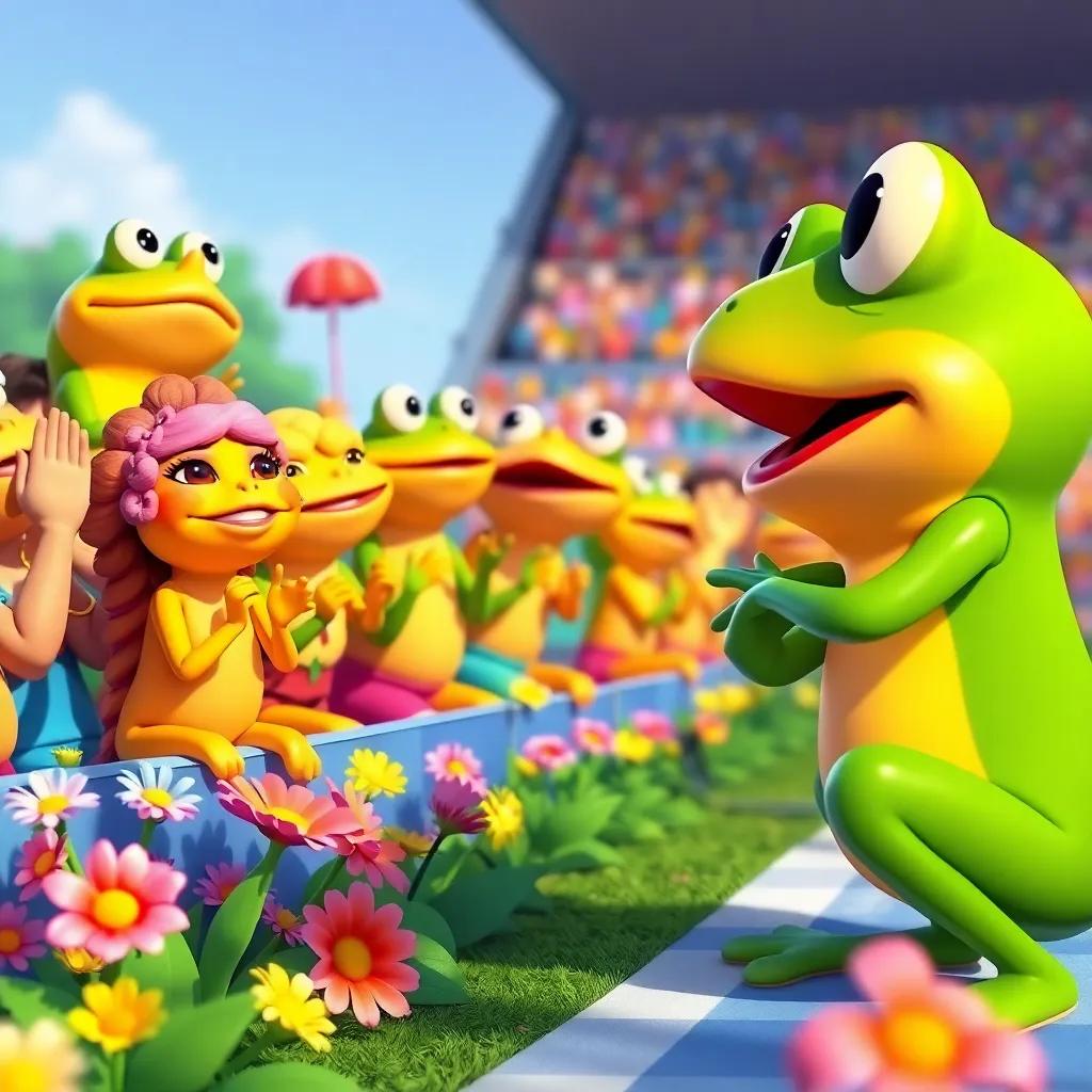 On the competition day, frogs cheering and clapping with excitement, Tito hesitating at the starting line, colorful flowers around, lively scene, digital painting, bright colors, uplifting view
