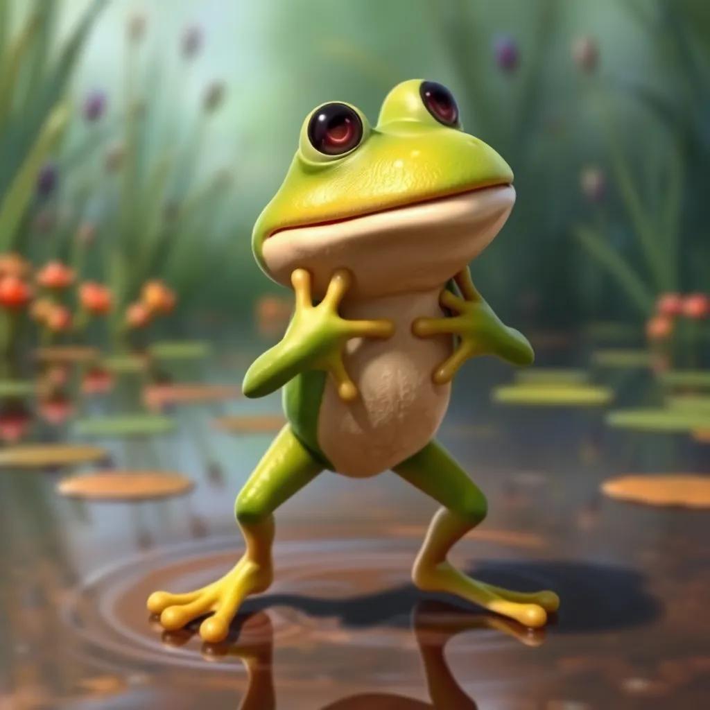 Tito the frog, taking a deep breath, preparing to jump with determination, colorful pond background, dynamic pose, vibrant colors, motivational atmosphere, digital art, high quality