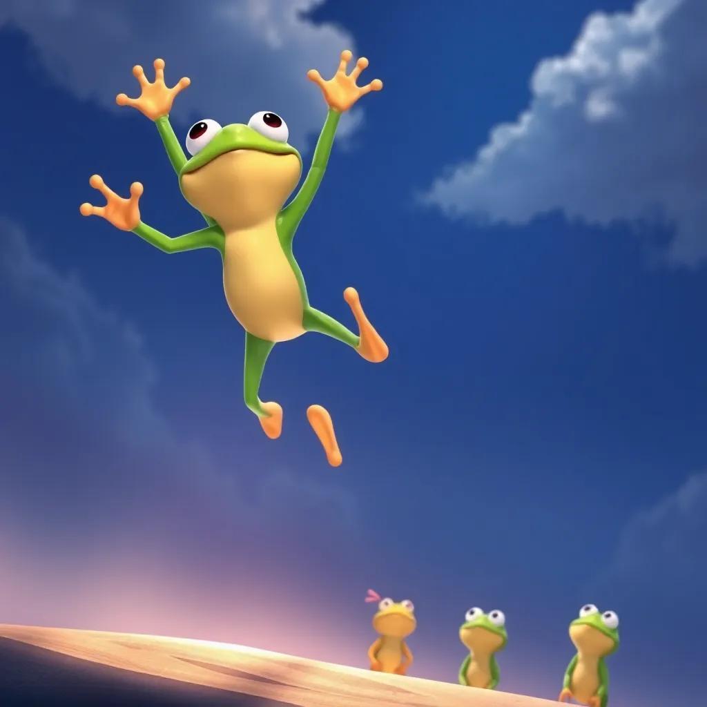 Tito jumping through the air, surprisingly far, with a thrilled expression, other frogs watching in awe below, illuminated sky, cartoon style, colorful, lively, high quality
