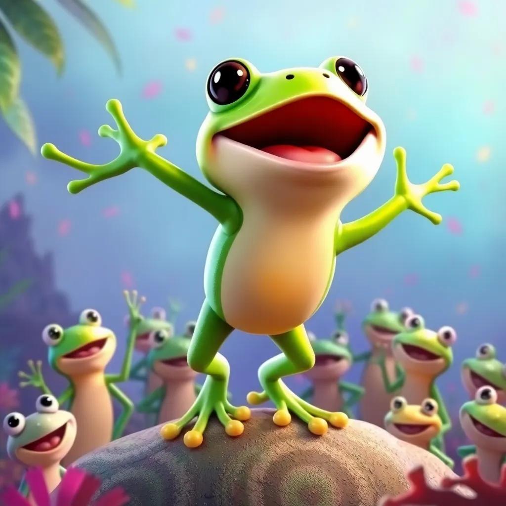 Tito the frog landing successfully, a big smile on his face, surrounded by happy frogs cheering for him, colorful background, joyful scene, digital art, bright colors, uplifting imagery