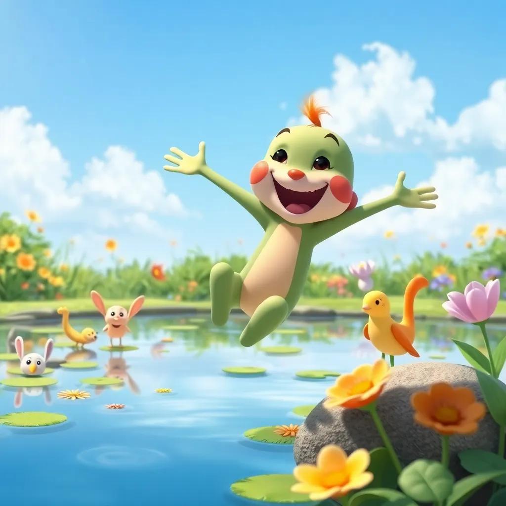Tito, now jumping happily with friends, exploring flowers and playing games, joyful and fun atmosphere in the pond, digital painting, cheerful colors, child-friendly style, high quality