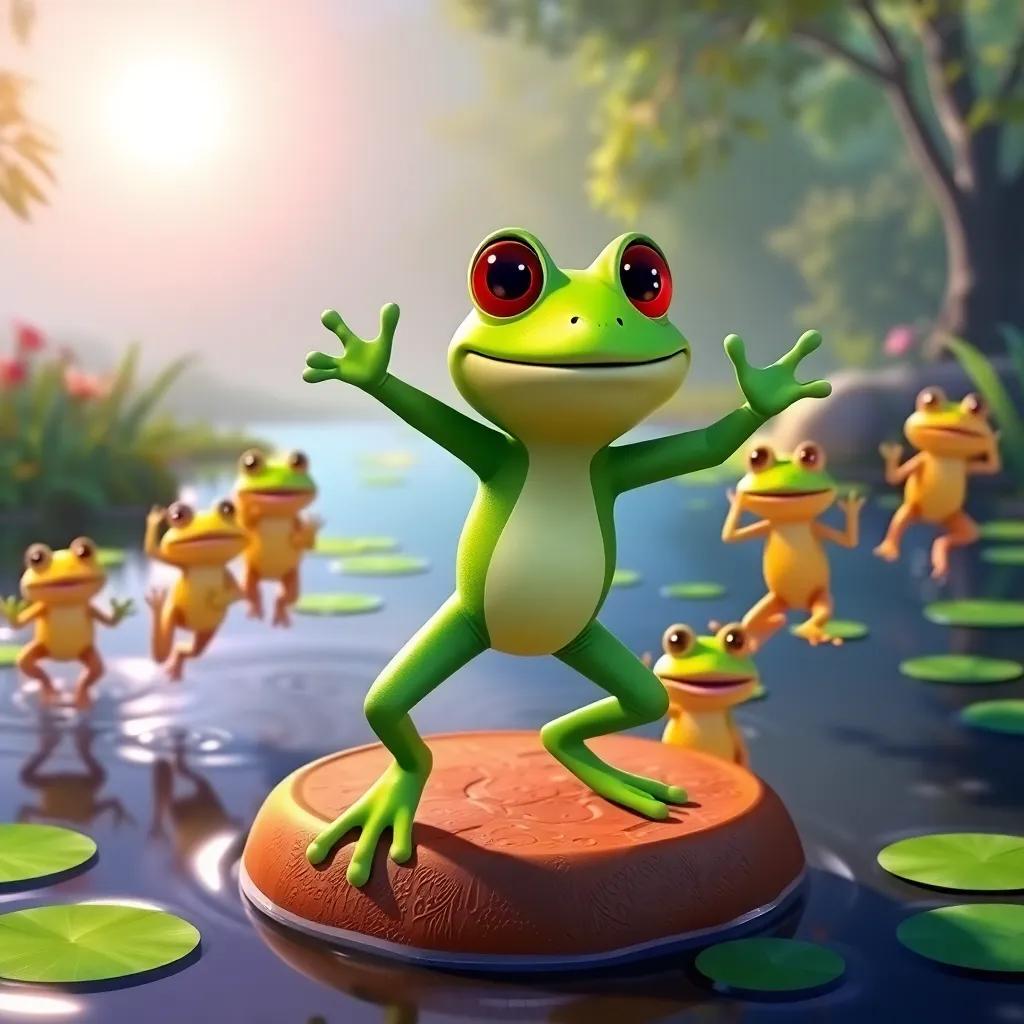 Tito the frog, now confident, leading a group of frogs in jumping competitions, vibrant pond setting with sun shining, engaging scene, digital art, colorful, motivational, high quality