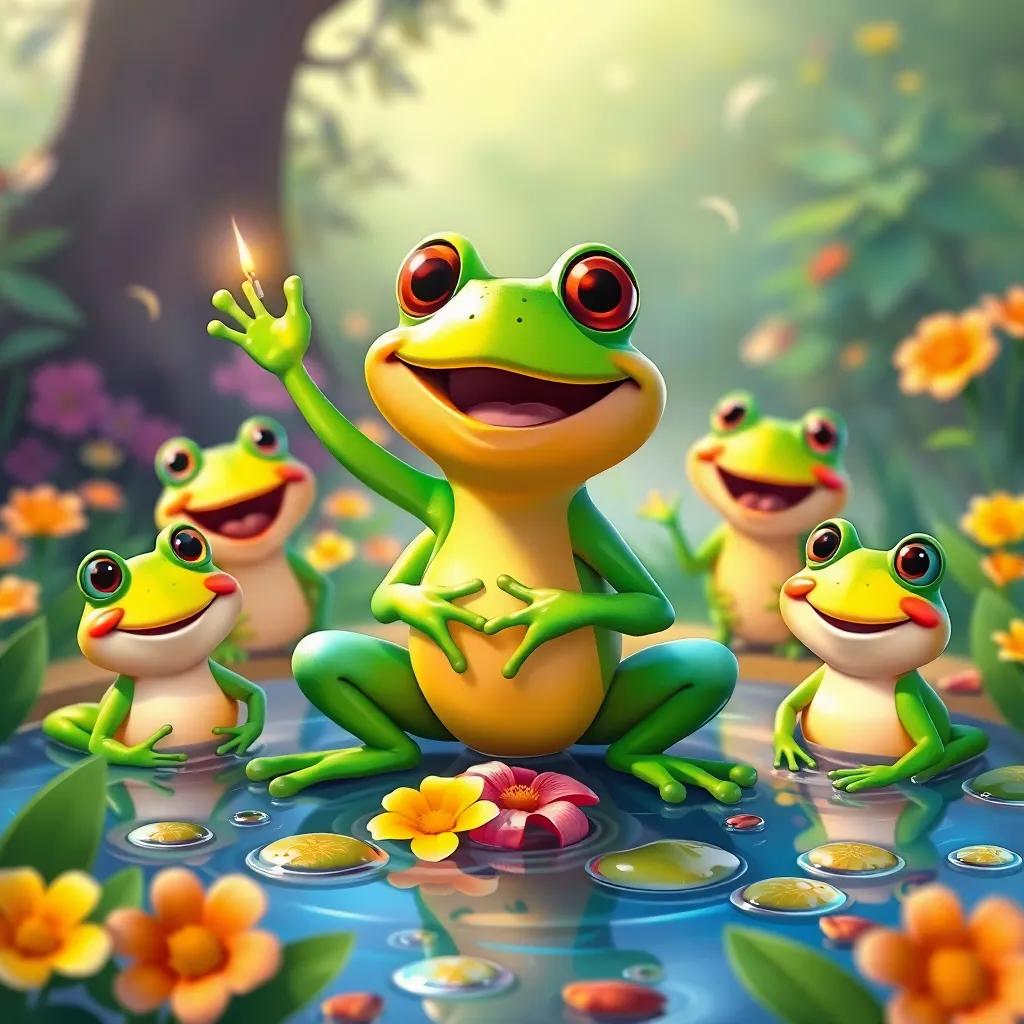 Tito the frog, celebrating with friends, enjoying the fun around the pond, all frogs smiling, bright flowers, vibrant setting, joyful and warm scene, digital art, whimsical, child-friendly, high quality