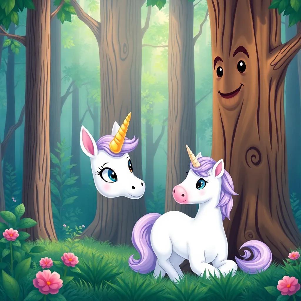 Luna the unicorn, with a curious expression, talking to a tall wise tree with a friendly face, deep in a magical forest, detailed illustration, bright colors, child-friendly, high quality