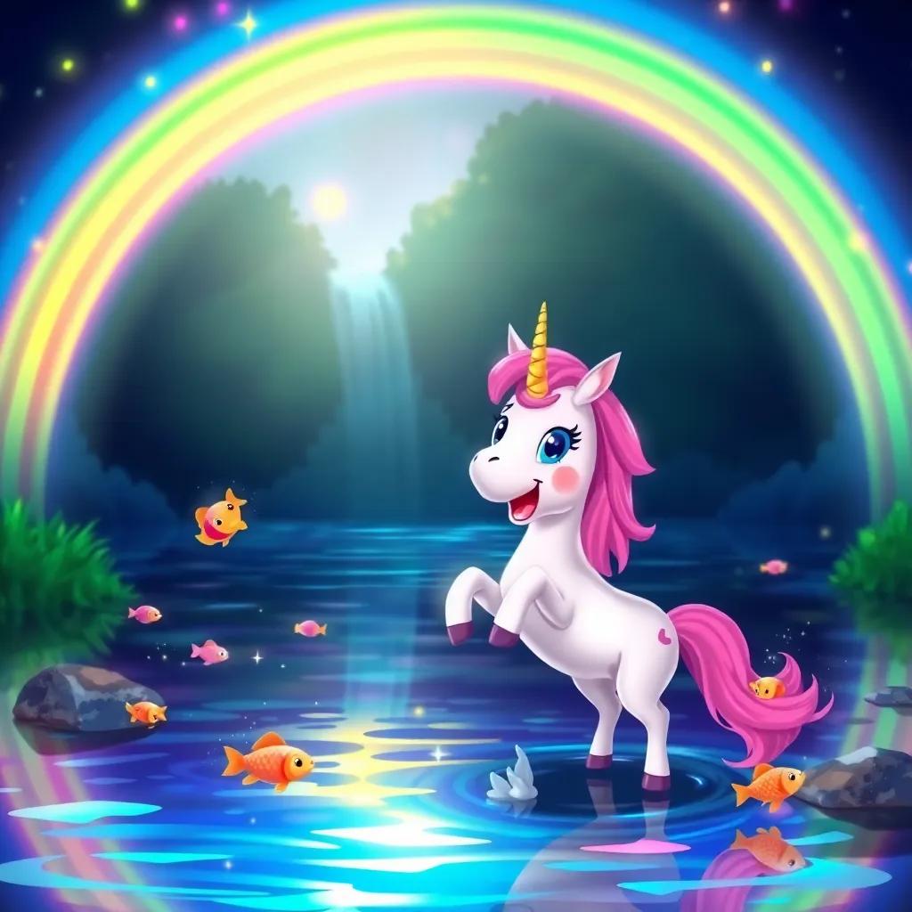 An excited little unicorn, Luna, near a glowing magical river reflecting rainbow colors, splashing water, with colorful fish jumping, illustration, vibrant, cheerful, child-safe, high quality