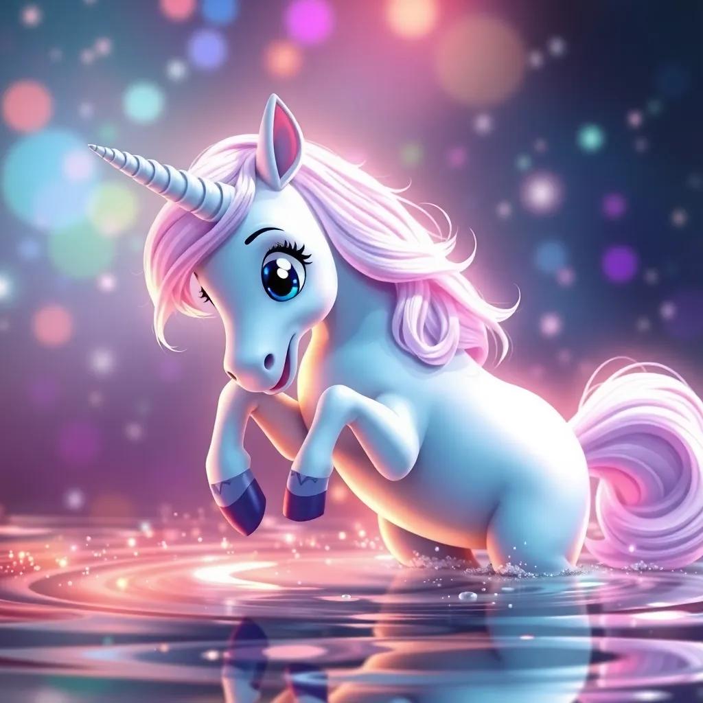 Luna the unicorn, with her front hoof in the sparkling water, surrounded by shimmering colors, looking surprised and happy, detailed digital art, magical colors, uplifting mood, high quality