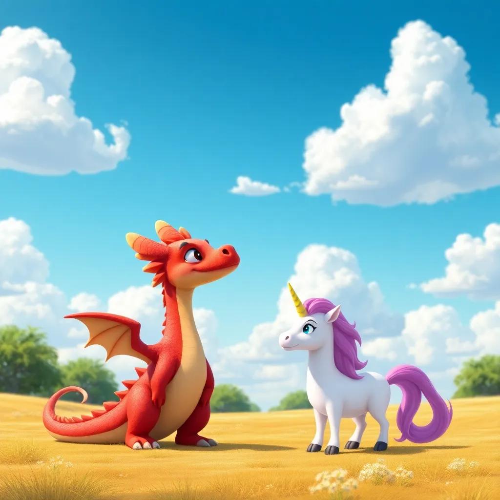 A friendly dragon named Fuego speaking to Luna, the small unicorn, in a sunny clearing, where the sky is blue and filled with fluffy clouds, cartoon style, bright and colorful, engaging, high quality