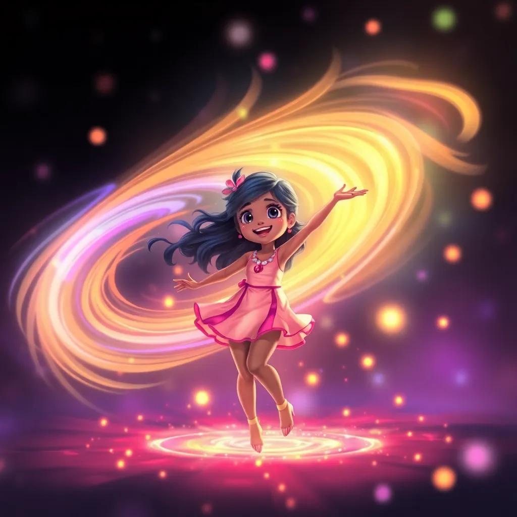 A glowing scene where Luna is happily dancing, with swirling colors around her creating a magical atmosphere, digital painting, cheerful and colorful, uplifting theme, high quality