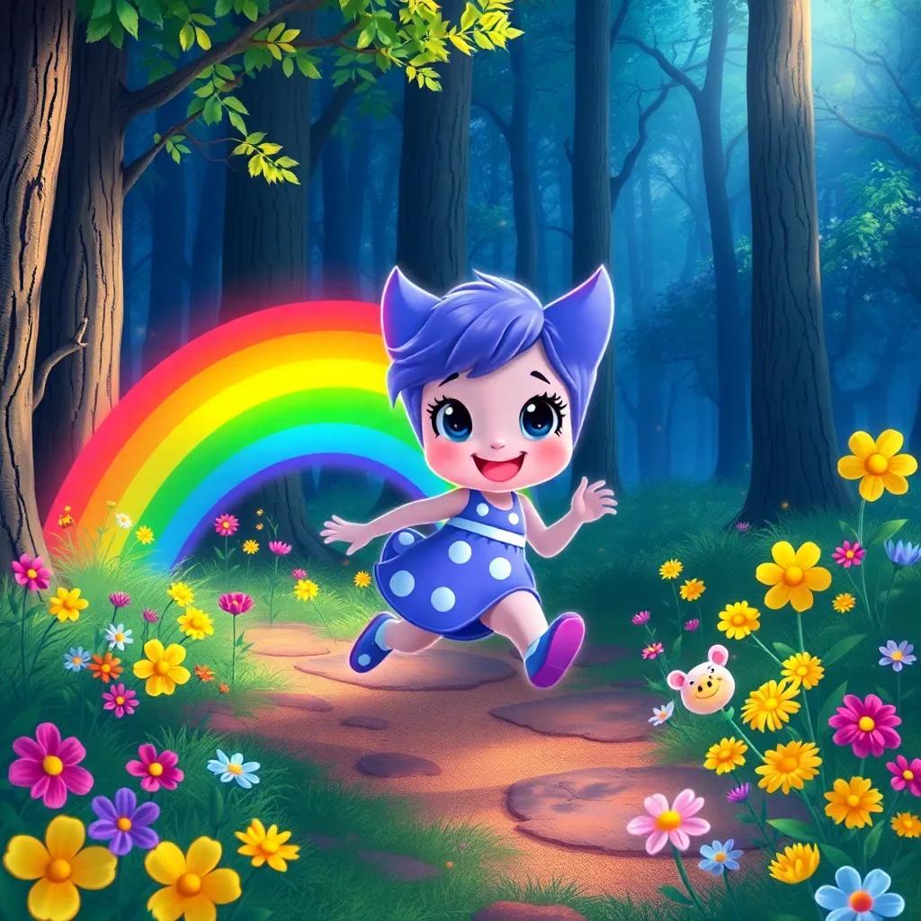 Luna, with her unique rainbow now shining brightly, running joyfully in the forest, surrounded by her new friends, colorful flowers blooming around, illustration, vibrant, child-friendly, high quality