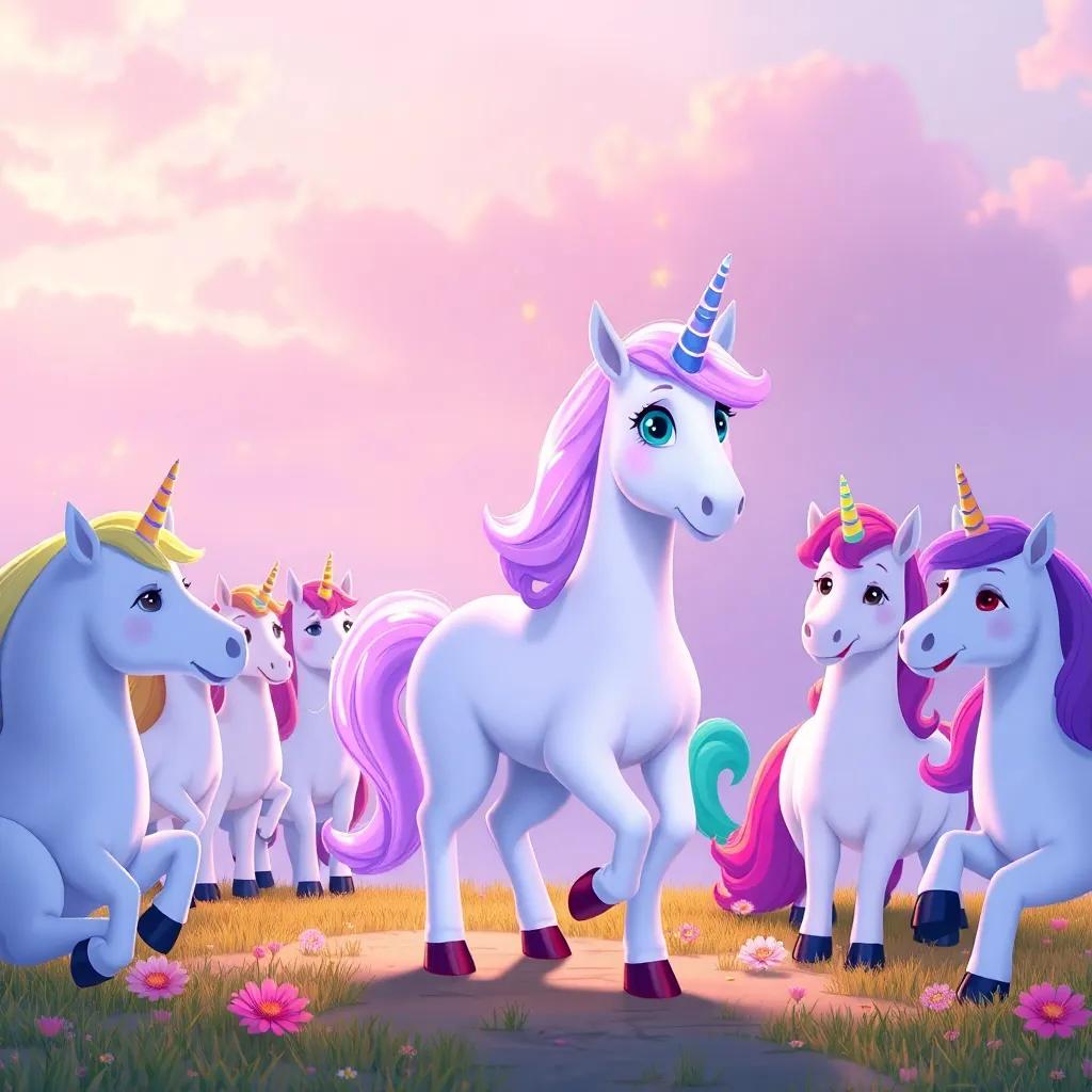 Luna the unicorn, returning home, proudly showing her rainbow to her unicorn friends, everyone smiling and celebrating, heartwarming scene, colorful, joyful, high quality