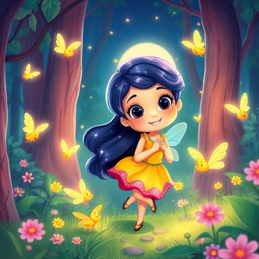 Luna, continuing her adventures, discovering new colors in the enchanted forest, playful smiling fairies fluttering around, illustration, vivid colors, friendly atmosphere, high quality