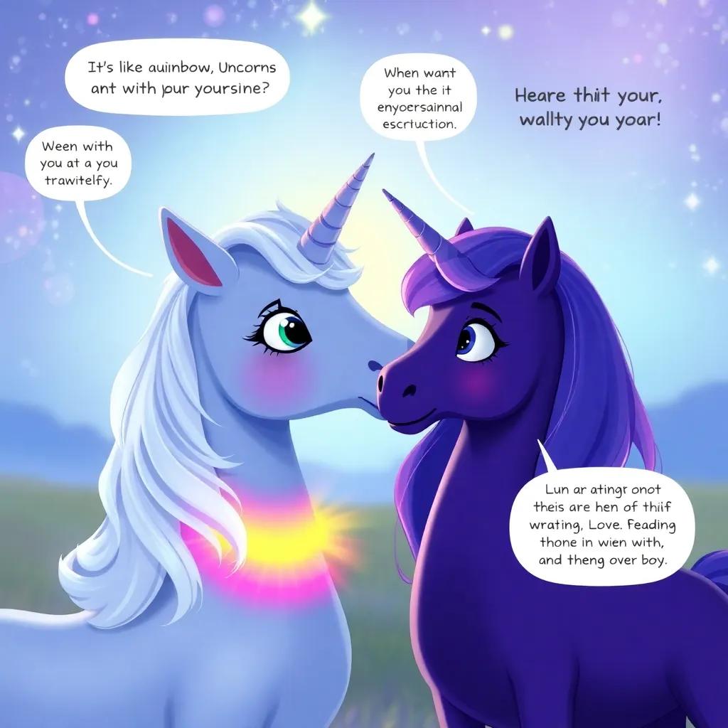 Luna, with her glowing rainbow collar, compassionately talking to other unicorns, sharing her journey of self-acceptance with inspiring expressions, vibrant scene, child-friendly, high quality
