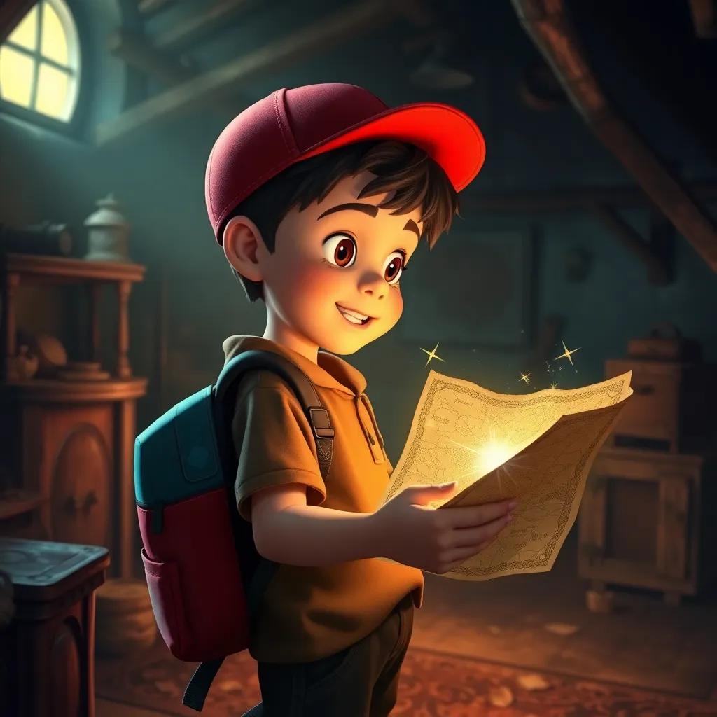 A young boy, Tomás, with a red cap and a colorful backpack, discovering a sparkling old map in a dusty attic, magical atmosphere, digital art, warm light, inviting colors, high quality