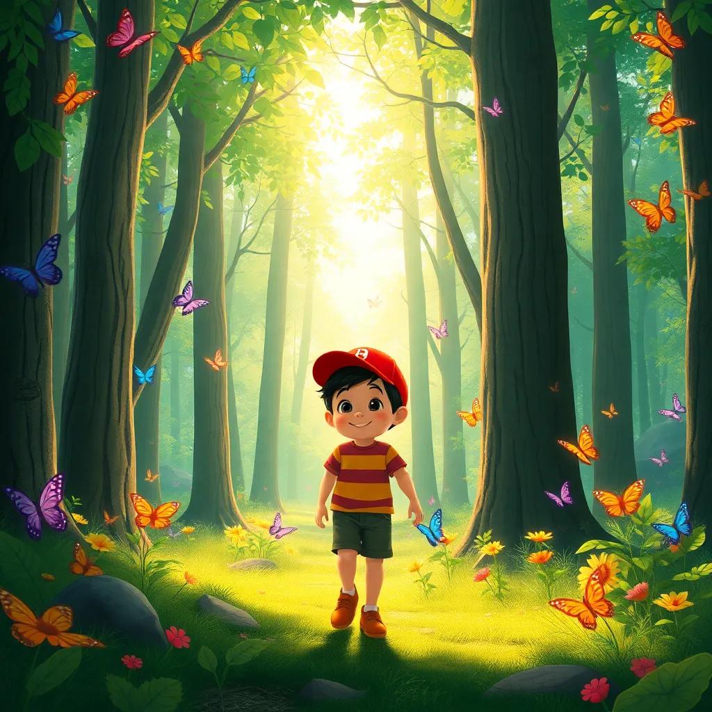 Tomás, a young boy with a red cap, walking through an enchanted forest filled with tall trees and colorful butterflies, bright sunlight filtering through leaves, cheerful mood, detailed illustration, vibrant colors, high quality