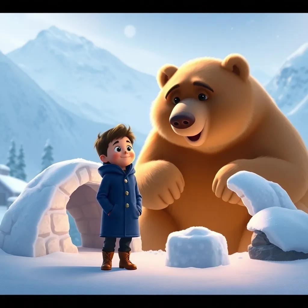 Tomás, a young boy in a blue coat, standing next to a big, friendly bear in a snowy mountain setting, building a snow igloo together, winter magic, soft lighting, heartwarming scene, high quality