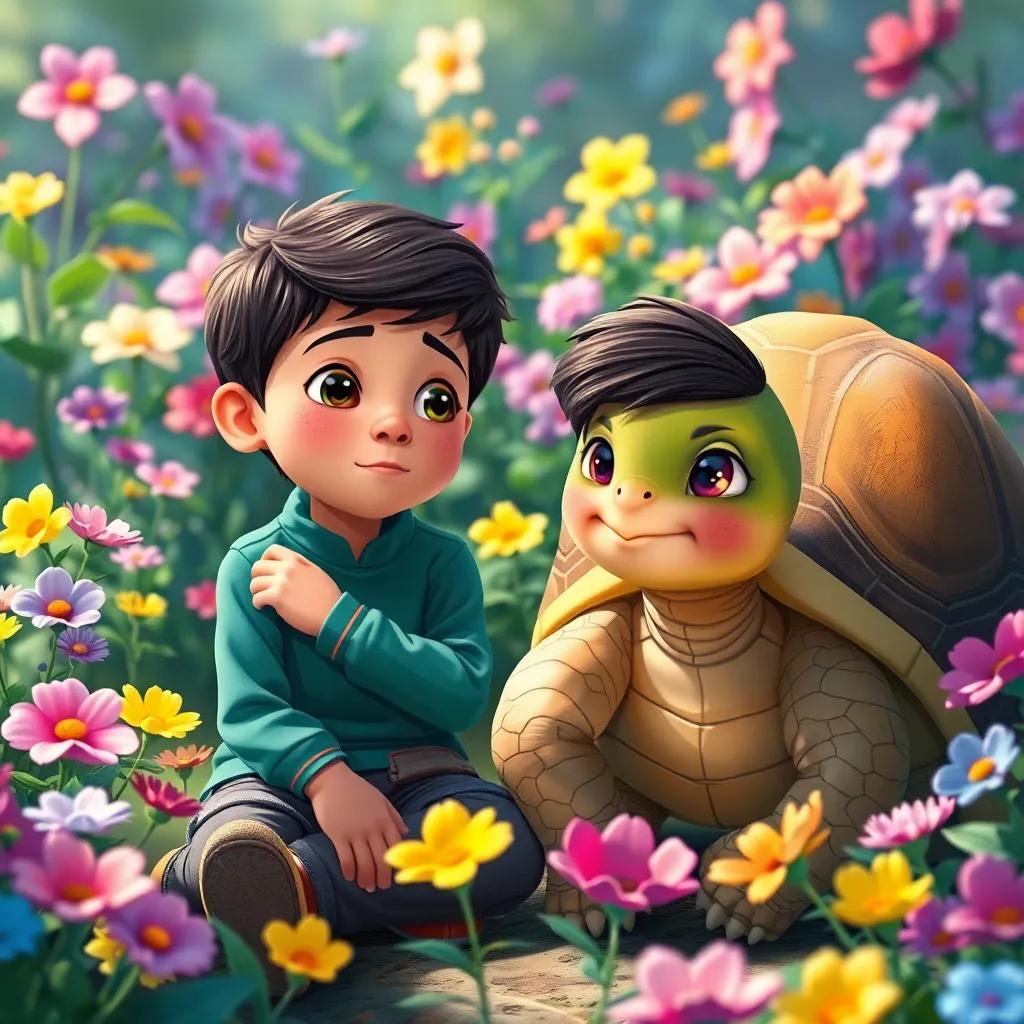 Tomás, a young boy with a thoughtful expression, sitting next to a wise turtle in a beautiful flower garden, colorful blooms around them, tranquil mood, detailed illustration, bright colors, child-friendly
