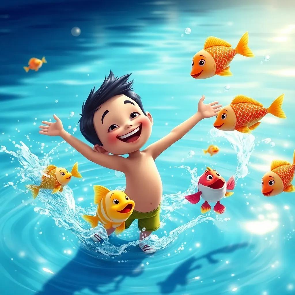 Tomás, a young boy with a big smile, dancing with a colorful fish in a sparkling lake, water splashing around, joyful atmosphere, bright colors, whimsical illustration, high quality