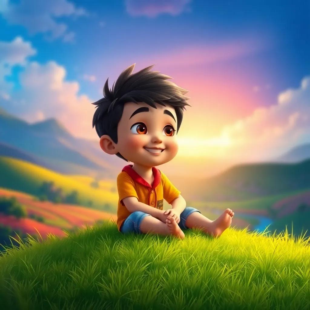 Tomás, a young boy with a happy expression, sitting on a grassy hill, thinking about all he learned on his magical journey, colorful landscape in the background, peaceful environment, digital art, vibrant colors, high quality