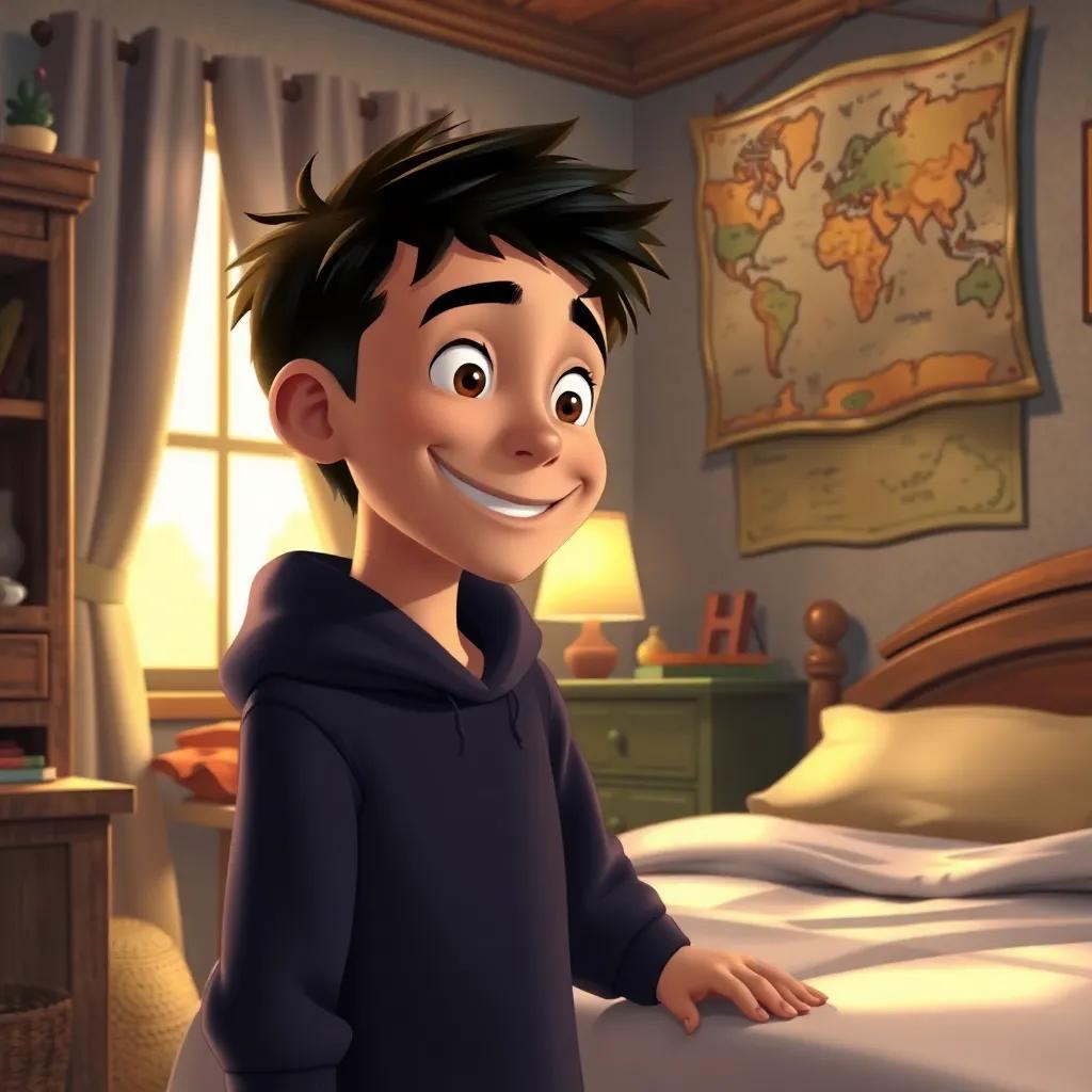 Tomás, a young boy in his bedroom with the magical map hanging on the wall, a smile on his face as he remembers his adventures, cozy atmosphere, warm light, inviting colors, detailed illustration, high quality