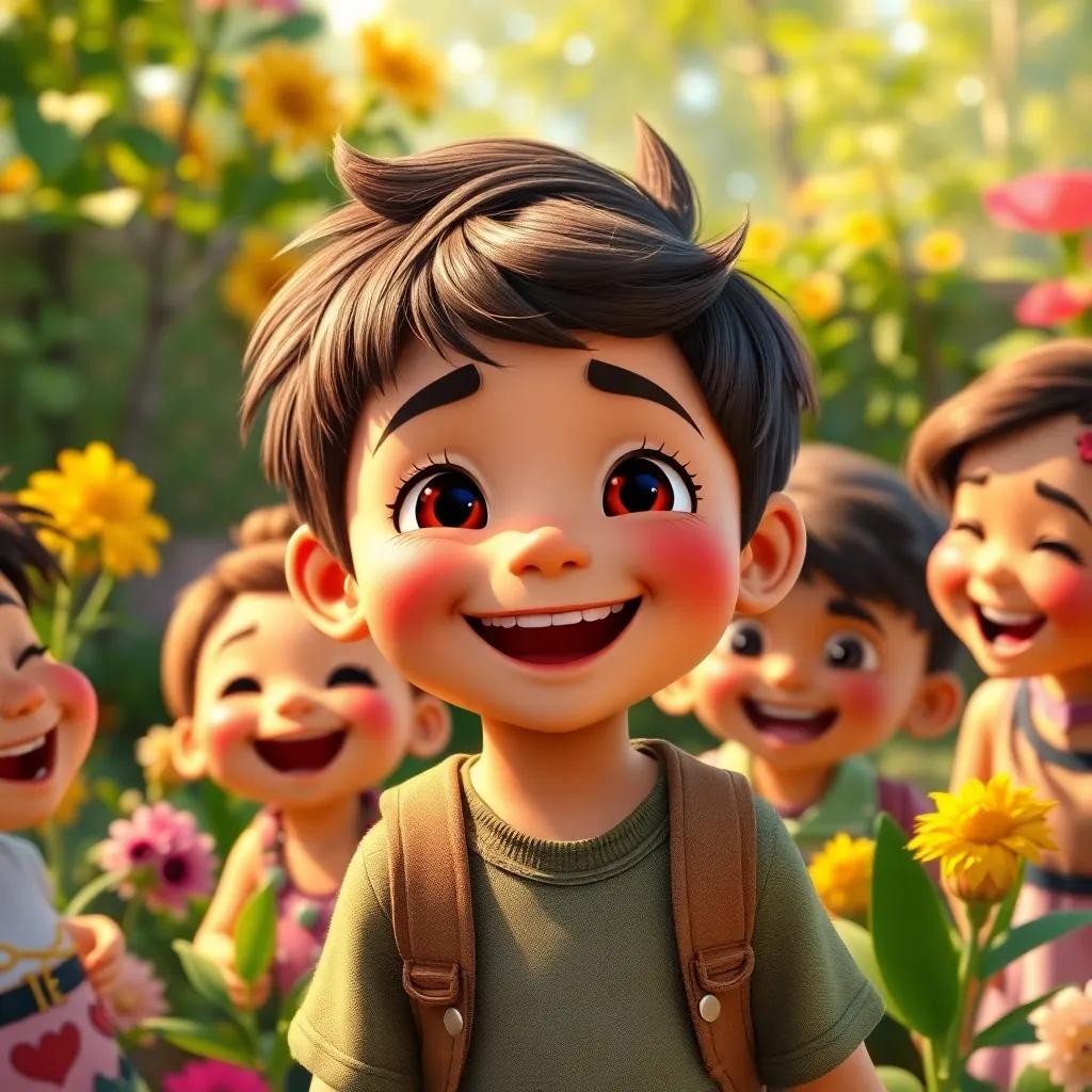 Tomás, a young boy with a joyful expression, surrounded by friends in the garden, sharing kindness and laughter, vibrant scenery, cheerful mood, detailed digital art, high quality, warm colors