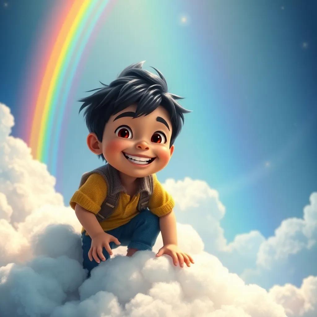 Tomás, a young boy with a bright smile, climbing aboard a magical rainbow cloud for new adventures, dazzling colors and whimsical atmosphere, fantastical imagery, high quality