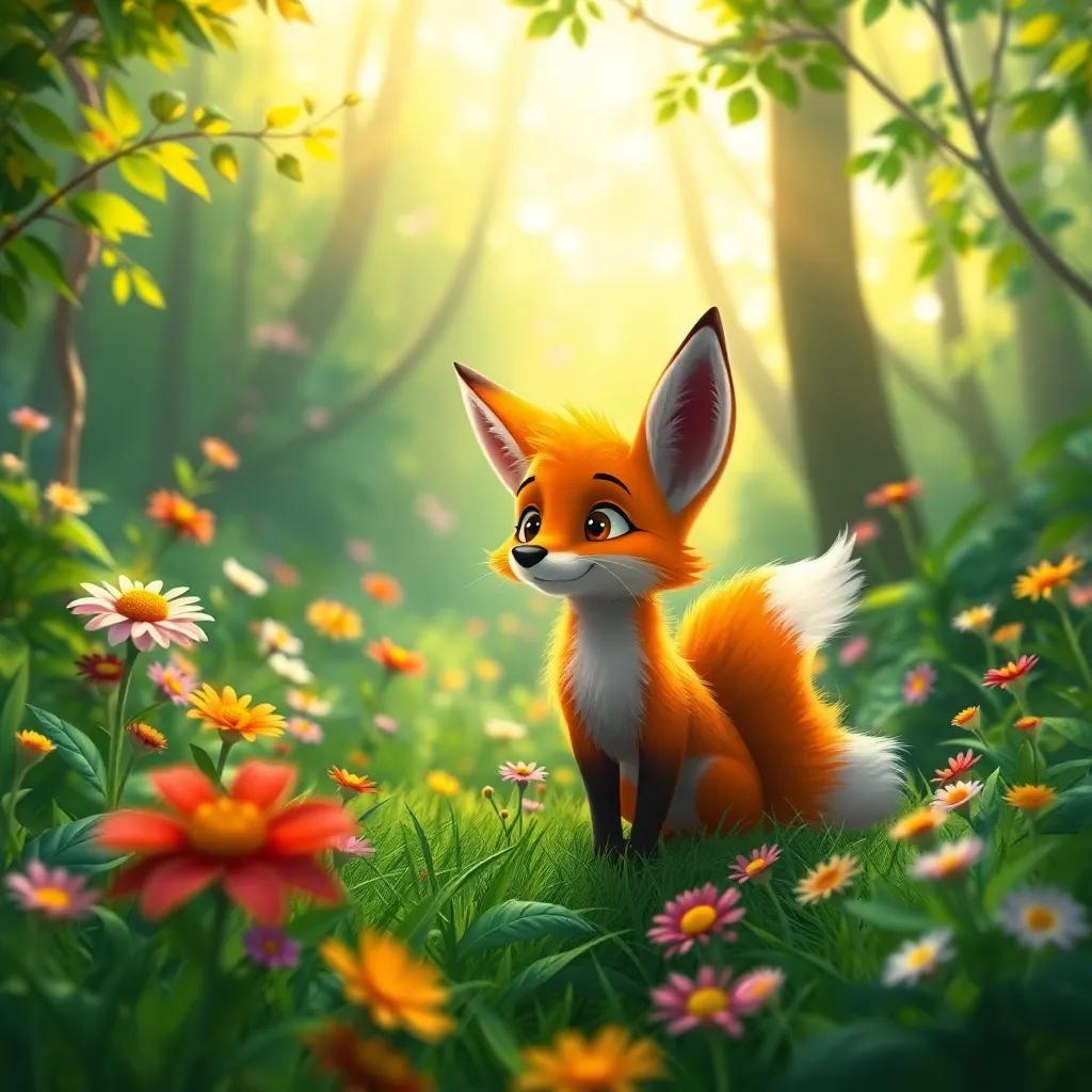 A small fox named Zorrito in a vibrant green forest, looking curious, surrounded by colorful flowers, bright light filtering through trees, joyful atmosphere, digital art, enchanting scene, high quality