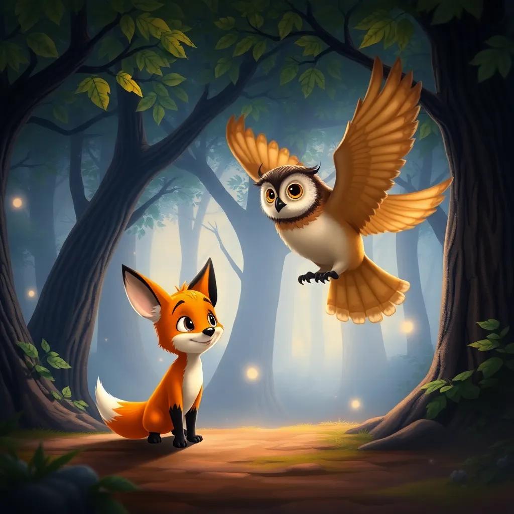 Zorrito, a small fox with an orange coat, with a wise old owl, Don Búho, flying close by in a mystical forest, soft light, detailed background with leafy trees, magical setting, illustration, inviting ambiance