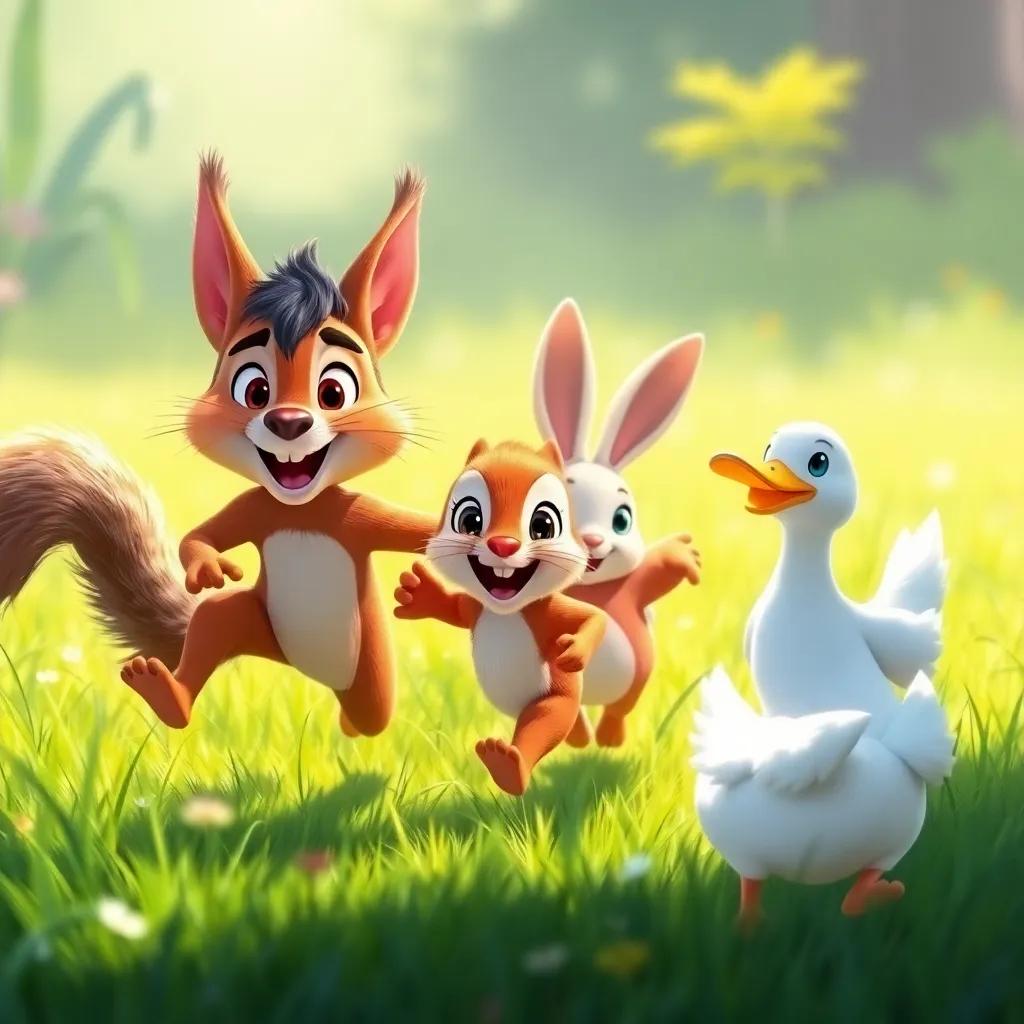 Zorrito and his friends: a cheerful squirrel, a playful rabbit, and a friendly duck, embarking on an adventure together, running through a bright green meadow, sunlight streaming, vibrant colors, joyful expression, digital painting, high quality