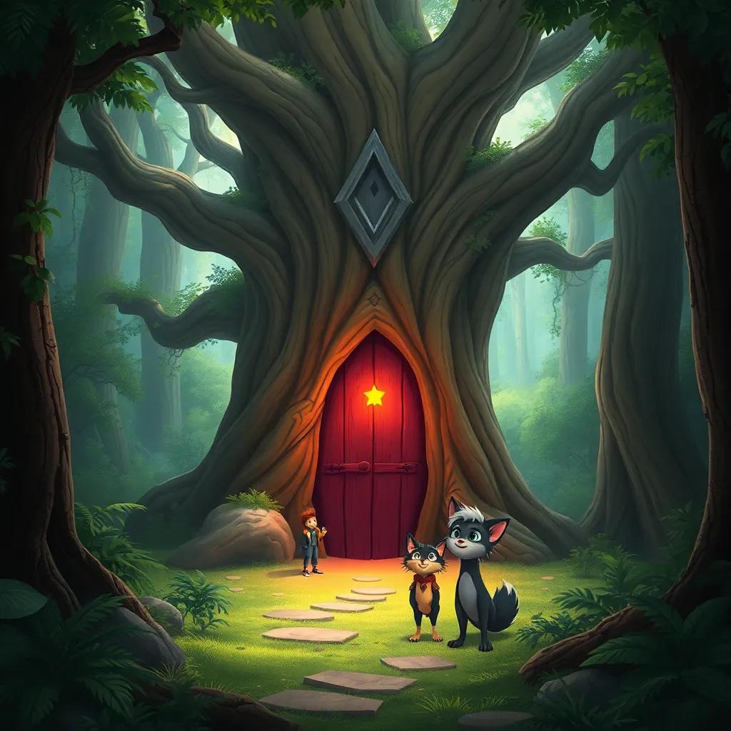 An ancient tree with a magical door, in the heart of the forest, radiating a mysterious glow, Zorrito and his friends looking excited, surrounded by lush greenery, enchanting atmosphere, illustration, magical vibe, high detail