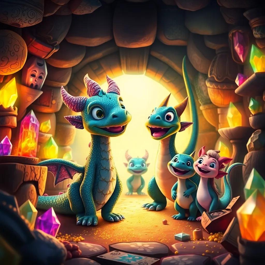 A friendly dragon with shimmering scales welcoming Zorrito and his friends inside a treasure room filled with glowing crystals and golden dust, warm light, colorful treasures, smiling expressions, rich details, children-friendly art, high quality