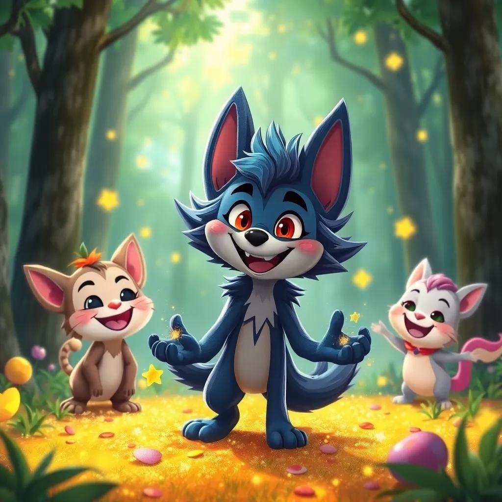 Zorrito and his friends happily playing in their magical forest, using golden dust to spread joy, colorful sparkles around them, vibrant scenery, heartwarming smiles, illustration, cheerful scene, high quality