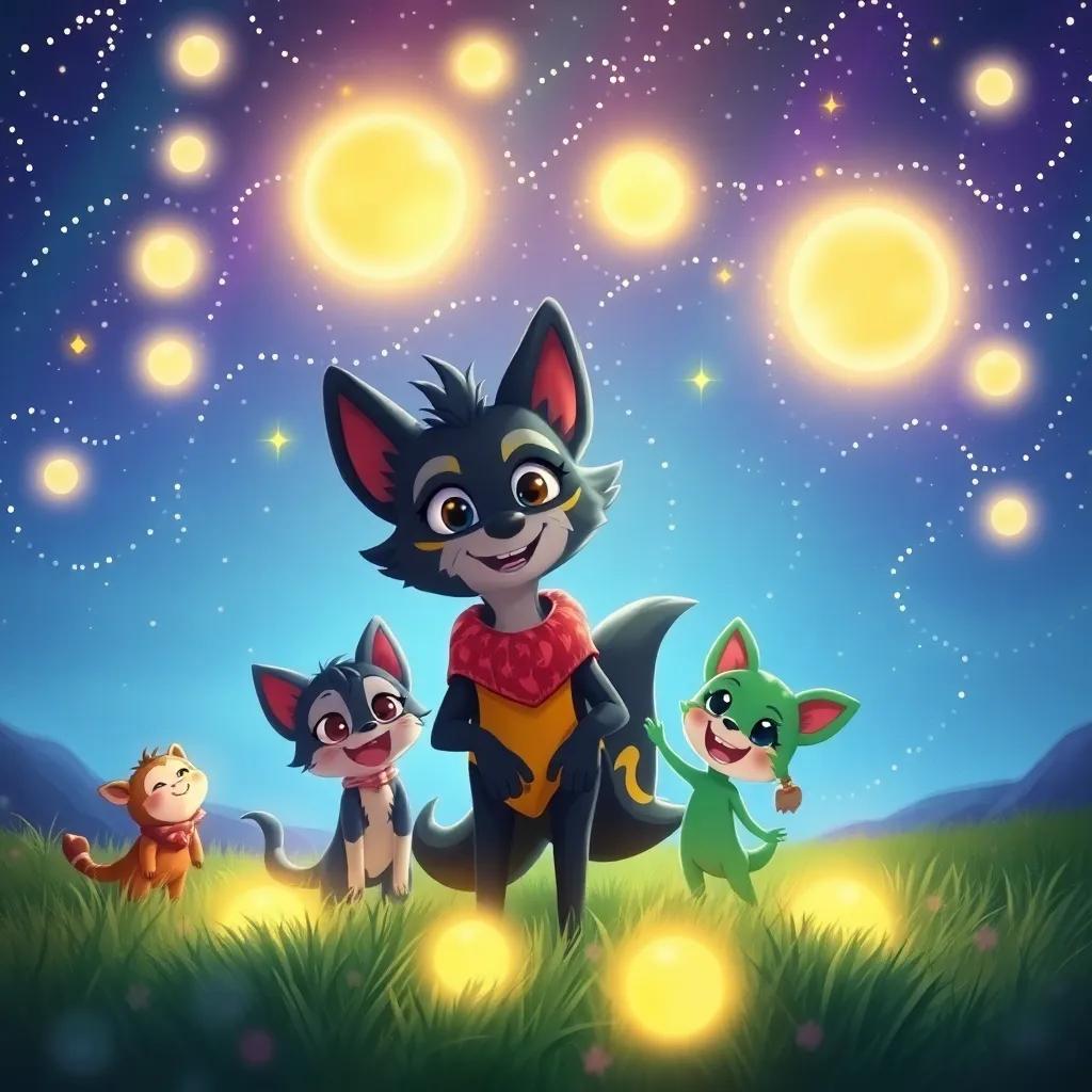 Zorrito, with his friends, celebrating their friendship under a starlit sky with glowing orbs of light, bright colors, magical atmosphere, wholesome scene, illustration, child-friendly art, high quality