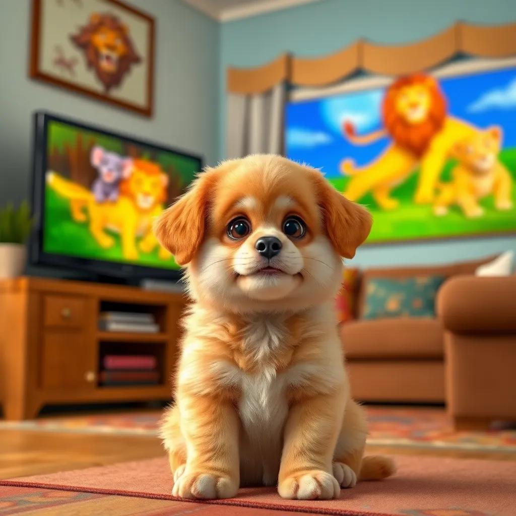 A small puppy, Tito, with fluffy light brown fur, sitting in a living room looking at a television with lions, colorful, cheerful atmosphere, digital art, vivid colors, playful angle, high quality