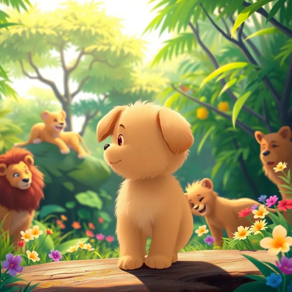 Tito, the small puppy with fluffy light brown fur, standing at the edge of a jungle, looking at playful lions, bright green trees and colorful flowers around, illustration, adventure theme, lively setting, child-friendly