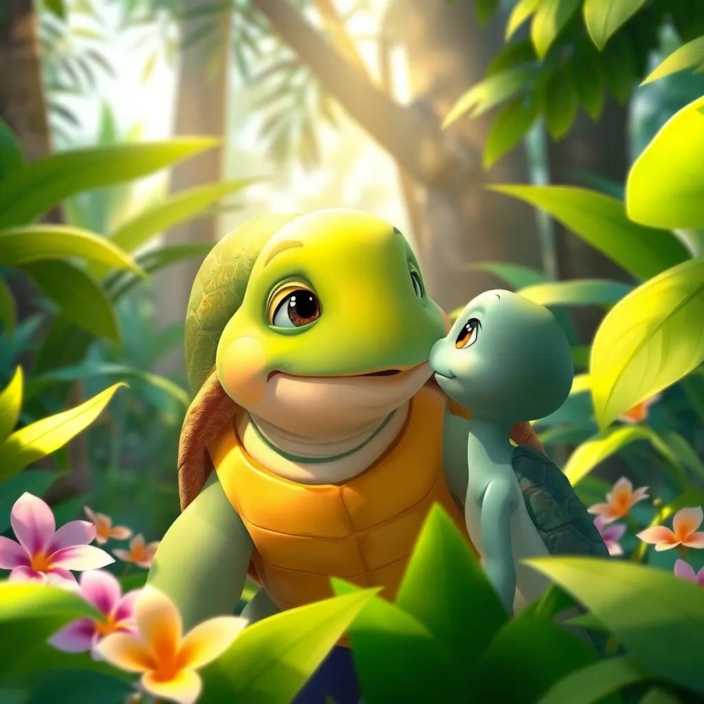 A wise turtle with a green shell, looking at Tito, surrounded by jungle leaves and flowers, friendly expression, cheerful sunlight filtering through the trees, illustration, engaging atmosphere, colorful