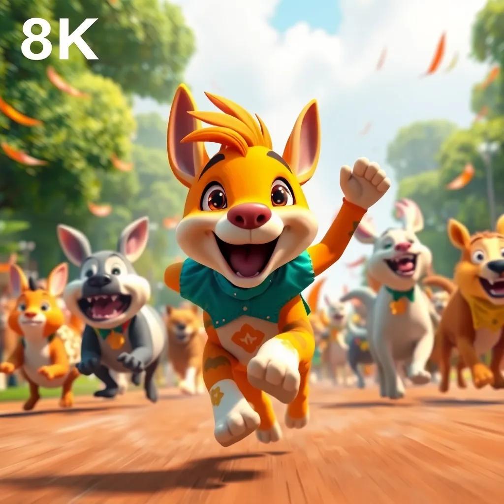 Tito, happily participating in a fun animal competition, running fast with a group of diverse animals, excitement in the air, bright colors, joyful scene, digital art, immersive perspective