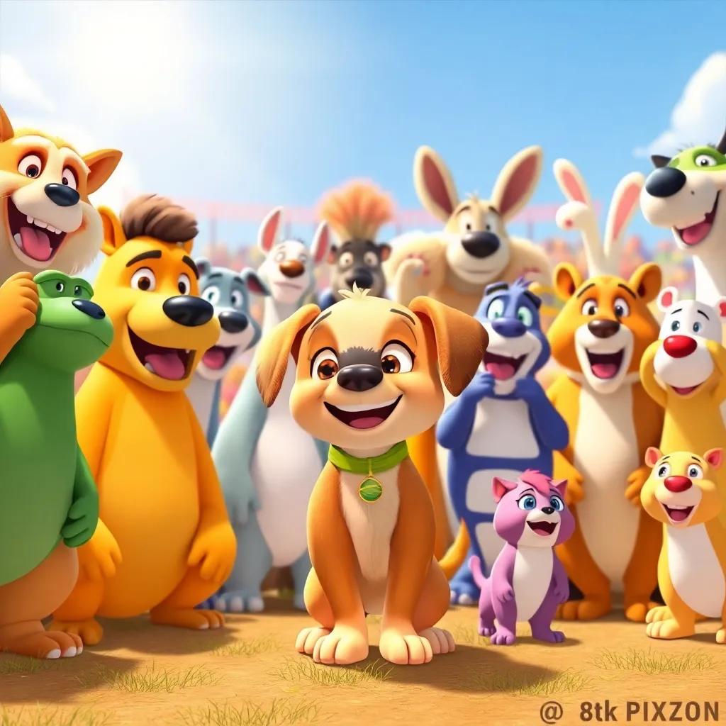 Tito, the small puppy, receiving cheers from various animals after the competition, all different shapes and sizes, bright sunny day, joyful and engaging atmosphere, colorful illustration