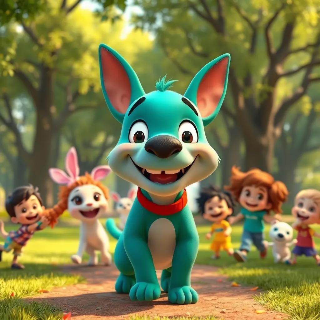 Tito, returning home with a happy expression, surrounded by friends playing in a park, trees in the background, playful and cheerful, loving atmosphere, heartwarming scene, bright colors