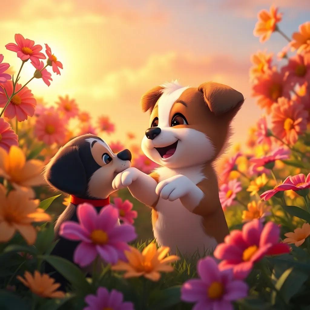 Tito, the small puppy, playing joyfully with friends, reflecting on being himself, surrounded by vibrant flowers, warm light of sunset, cheerful and heartwarming, digital art, beautiful colors