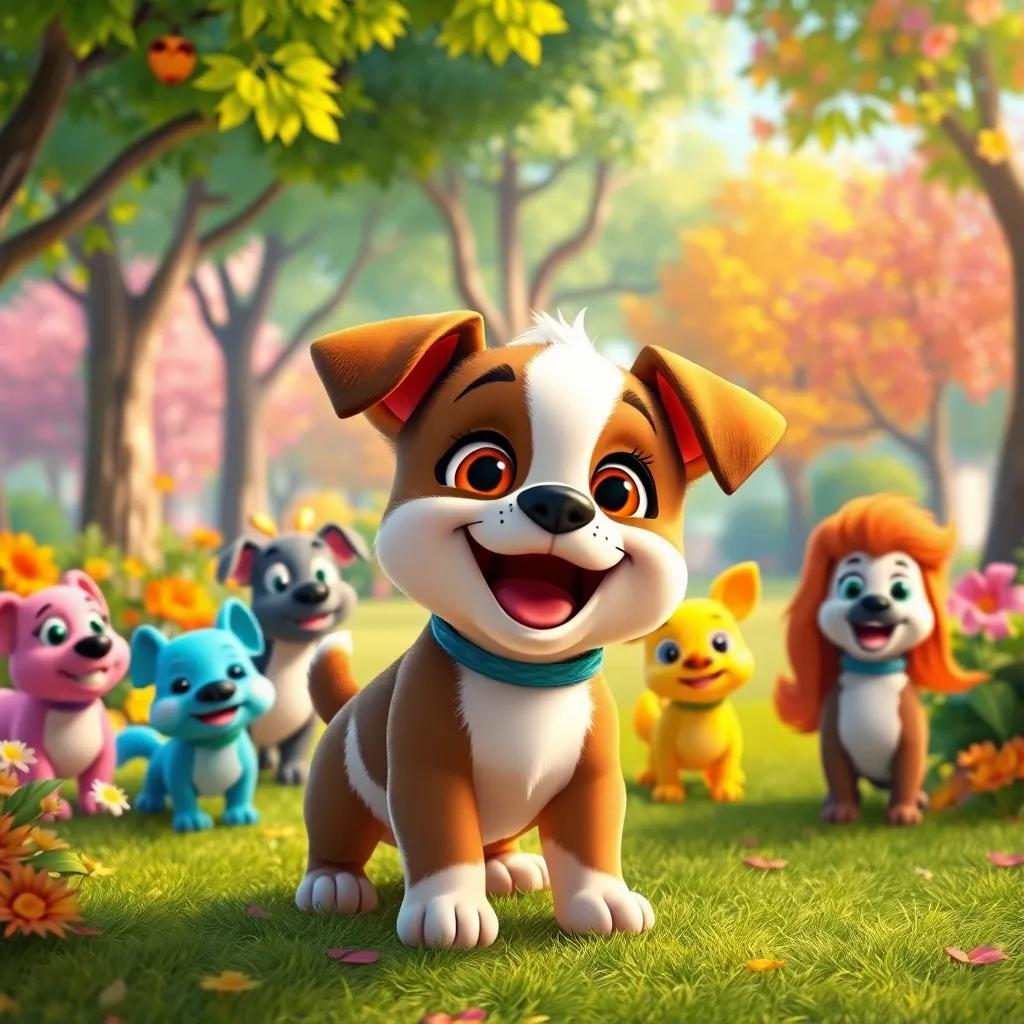 Tito, the happy small puppy, proudly barking, surrounded by colorful friends in a park, vibrant trees and flowers, cheerful atmosphere, warm lighting, child-friendly