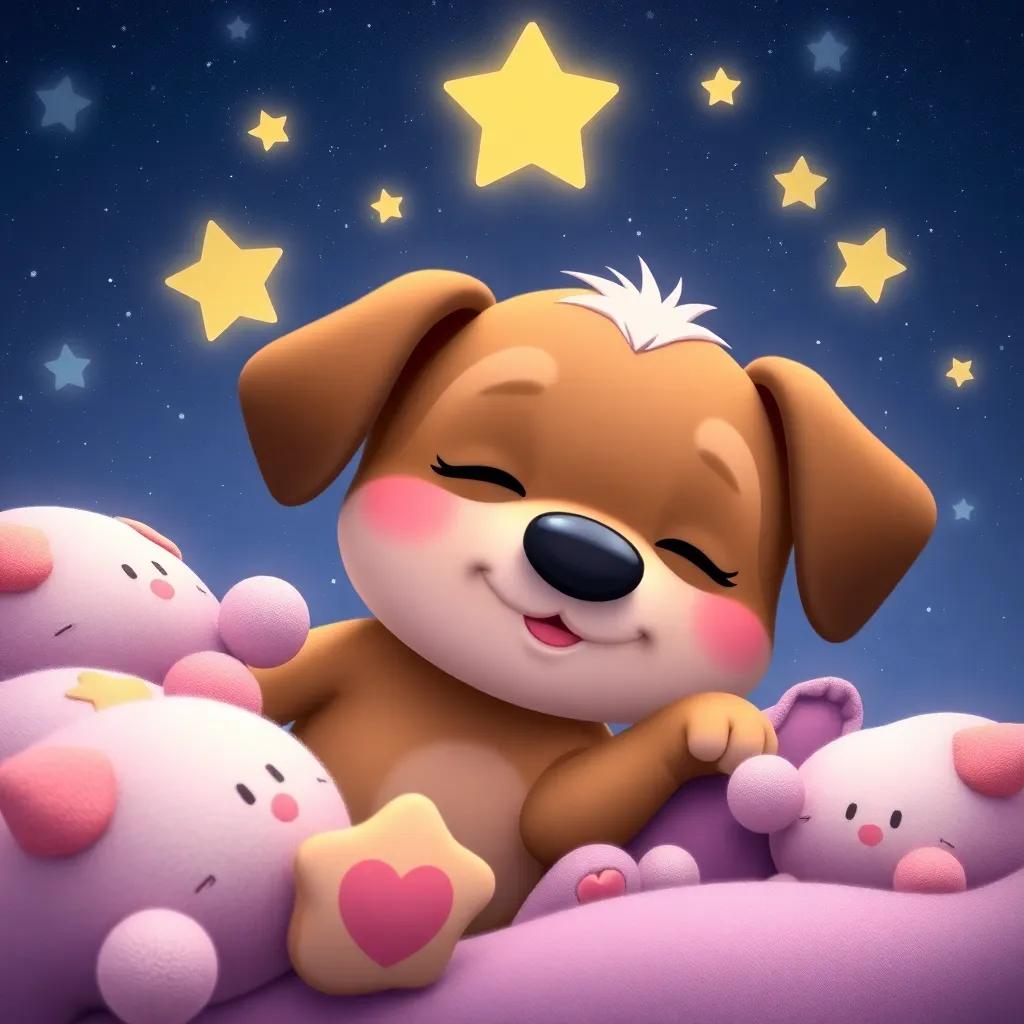 Tito, the small puppy, dreaming and sleeping under a starry sky, relaxed and happy, surrounded by soft toys, whimsical and calming, colorful and inviting, high quality digital art