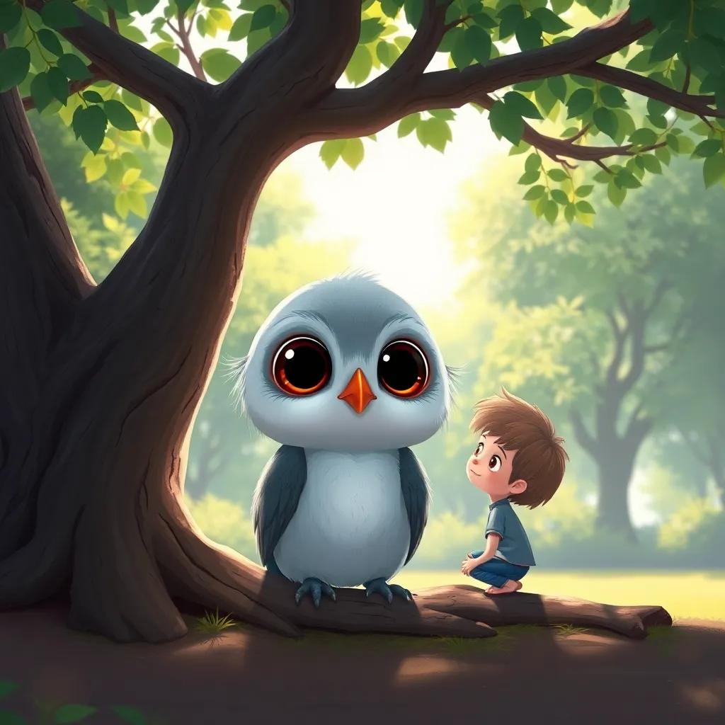 Una ardilla gris llamada Clara, con grandes ojos, aparece asustada bajo un árbol, junto a Lucas, en un parque soleado, ilustración colorida, tierna, estilo infantil, calidad detalle