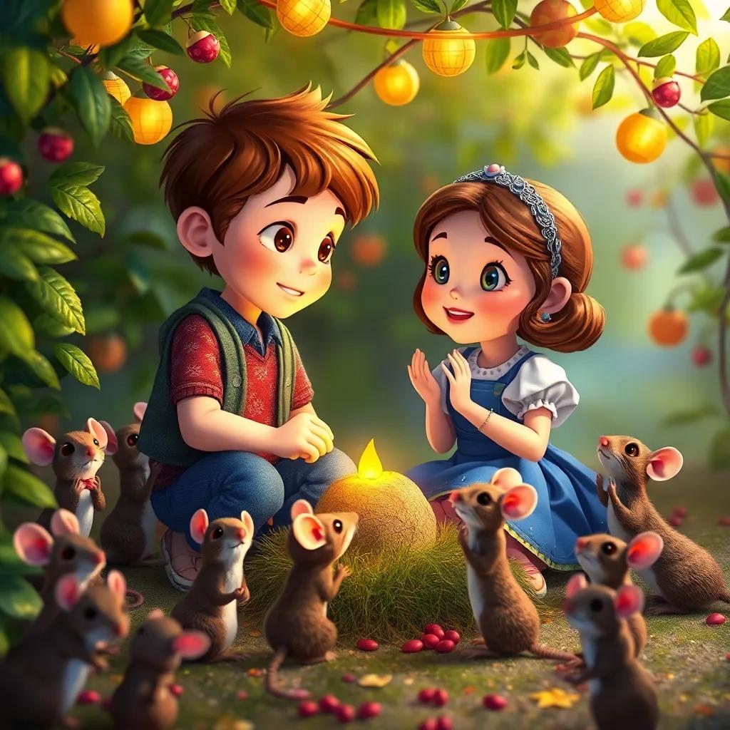 Lucas y Clara descubren la nuez perdida en un arbusto, rodeados de pequeños ratones que aplauden, un ambiente festivo y colorido, side view, cálido, arte alegre, calidad visual