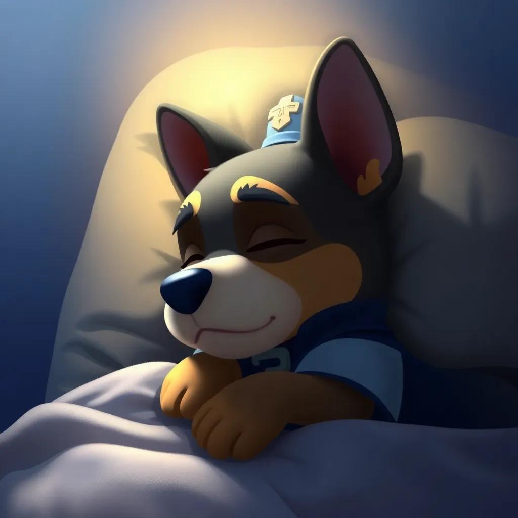 Lucas, el pequeño perrito, duerme con una sonrisa en su cara, soñando con ser un perro de policía, sobre una cama de perrito, luz suave, atmósfera tranquila, digital painting, estilo soñador, calidad alta